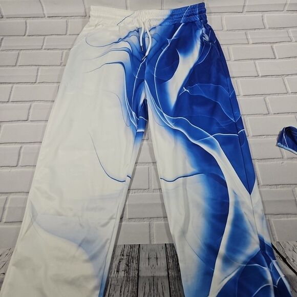 Men's Size Medium 2pc White Blue Swirl Graphic long Sleeve with pants outfit New - Picture 8 of 13